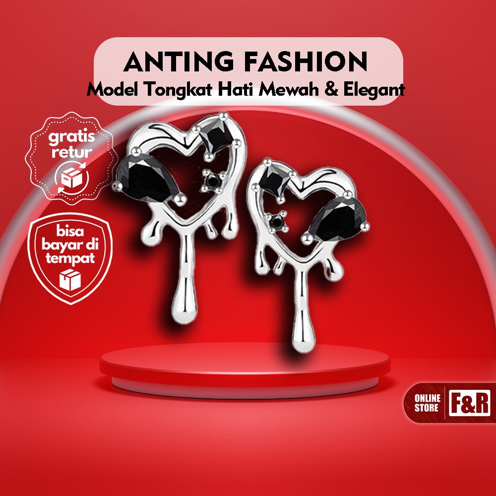 Anting Berlian Hitam Bentuk Hati Aksesoris Wanita Korean Style Anting Korea Mewah Model Hati Tongkat