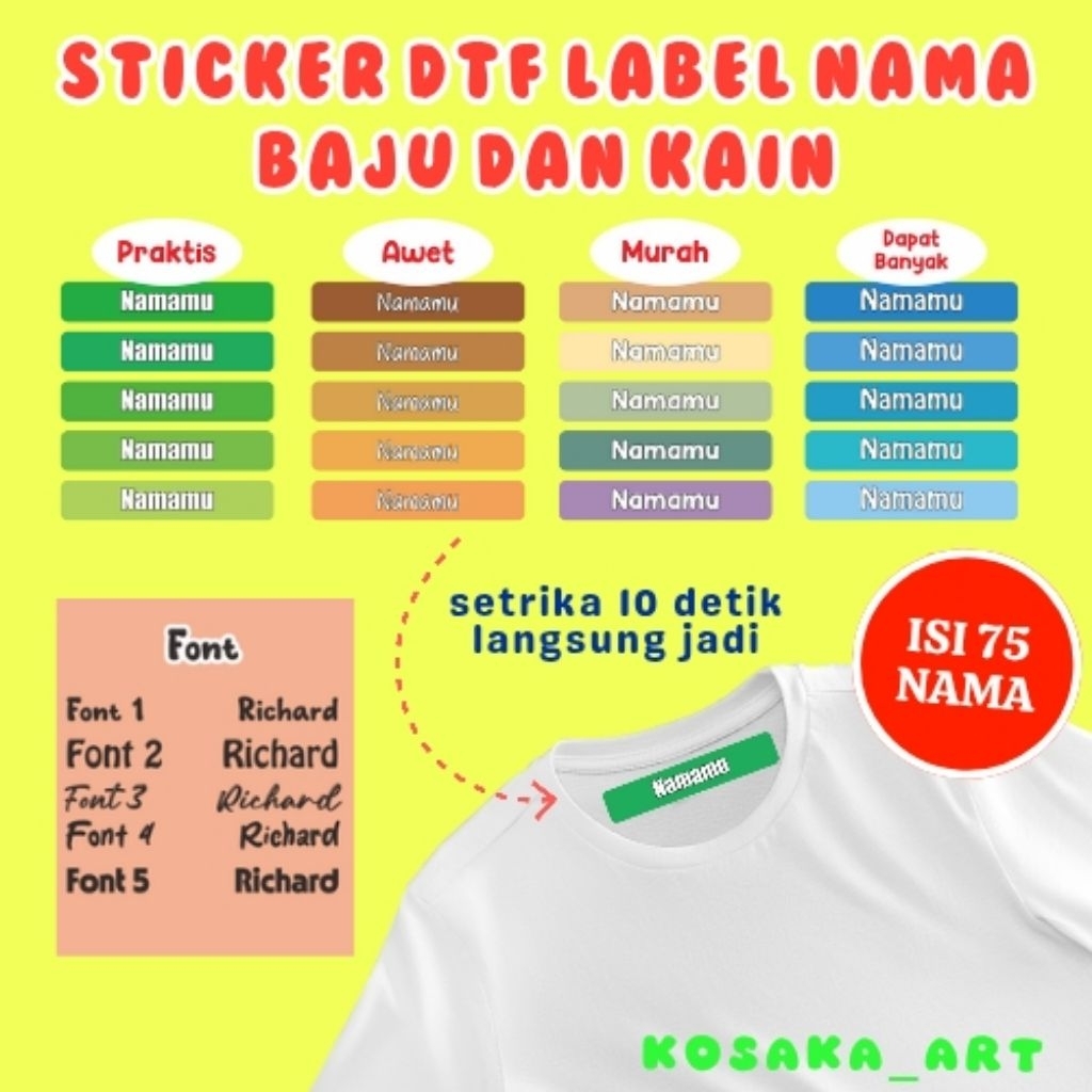 

75 PCS Sticker Label Nama Kain Baju Kaos Sablon Cukup Setrika Custom Tulisan DTF Sehari Jadi