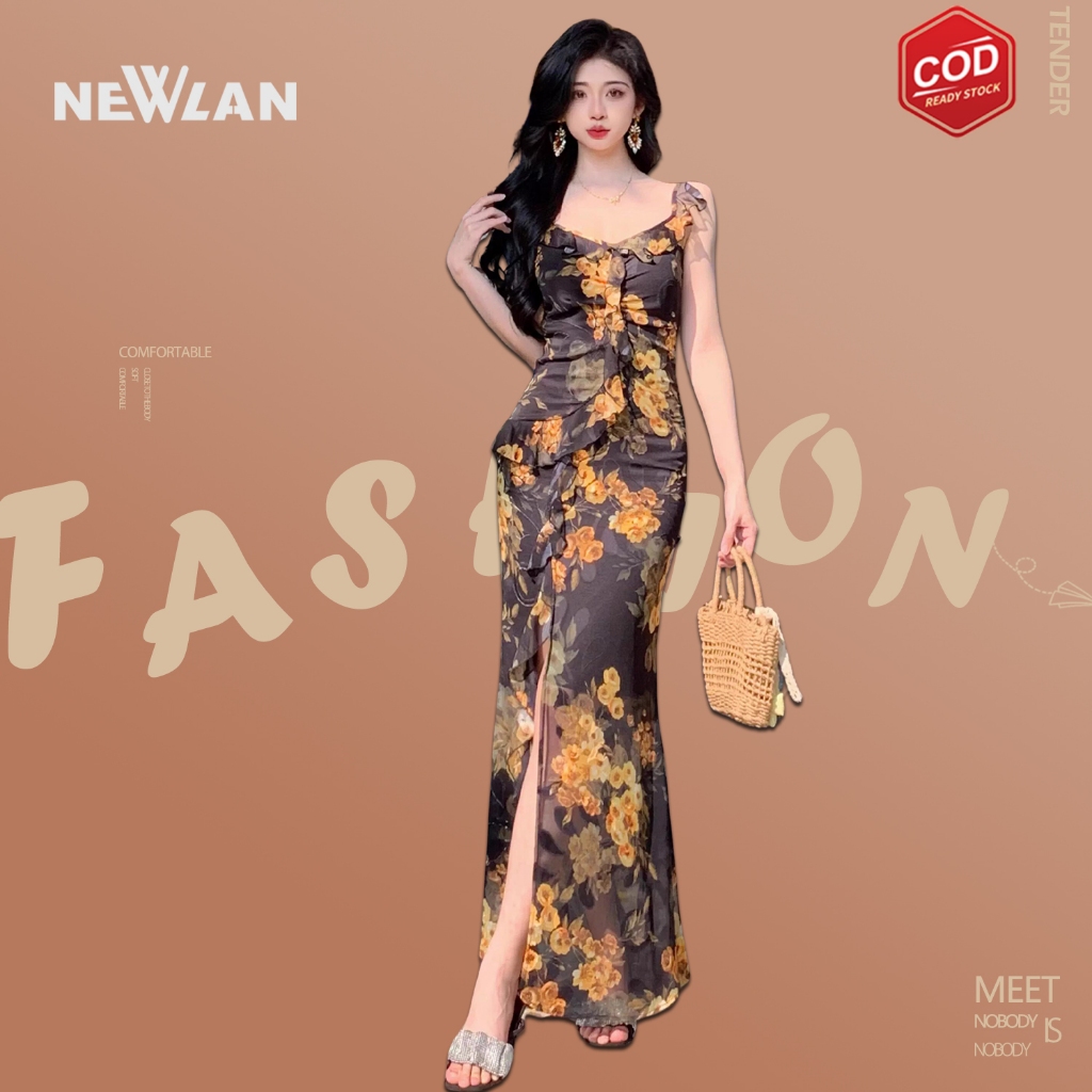 Newlan QZ245 Dress Tanktop Mix Warna Bali Tali Elegant Dress Strappy Back Dress Midi Tanpa Lengan Bo