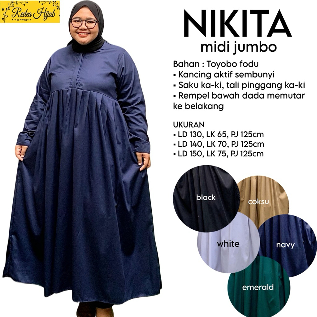 Dress Wanita Muslimah Nikita Jumbo Midi Bahan Toyobo Fodu Motif Polos Busui Friendly LD130 140 150
