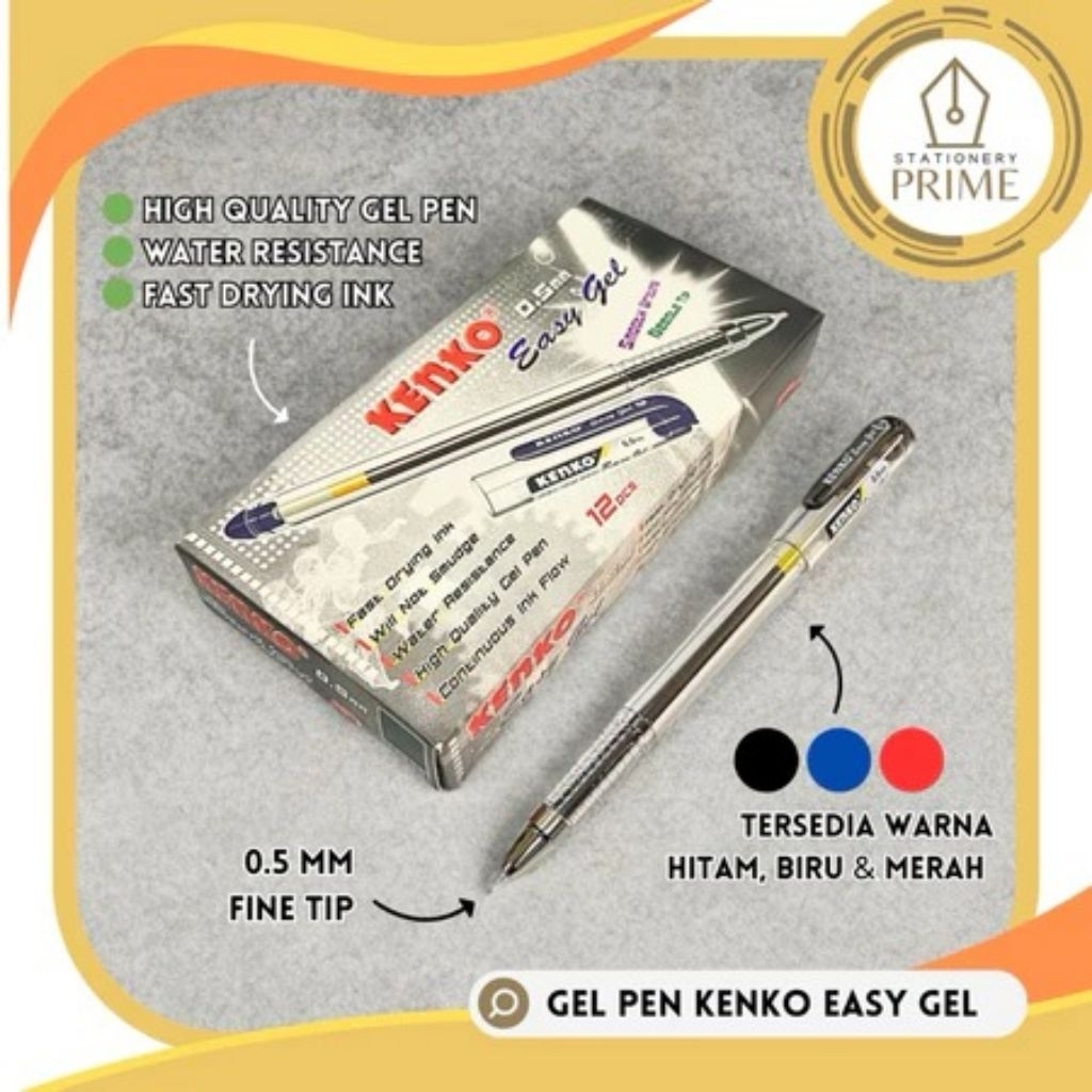 

Gel Pen / Pulpen Gel KENKO EASY GEL 0,5mm Hitam Biru Merah ( Isi 12 Pcs )