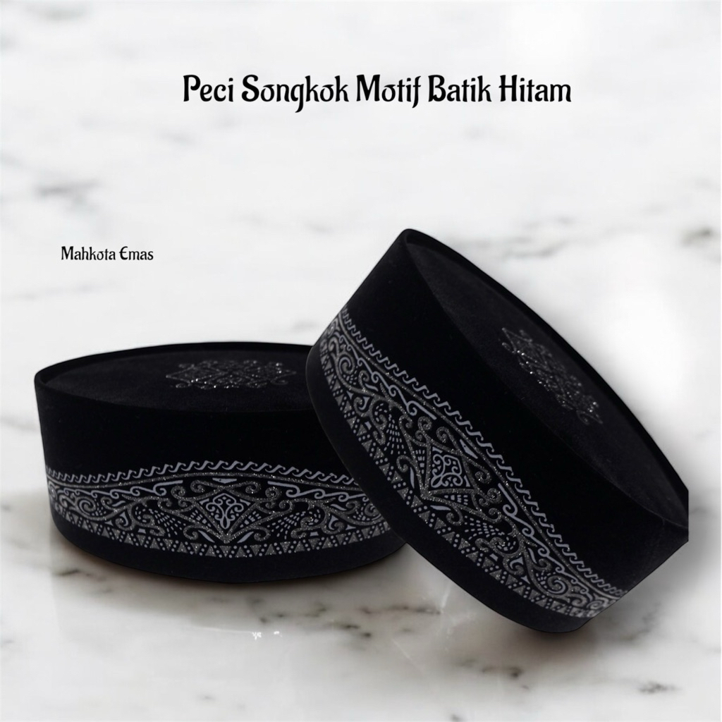 Peci Songkok Motif Batik Hitam//Tinggi 9cm Bahan Bludru Berkualitas