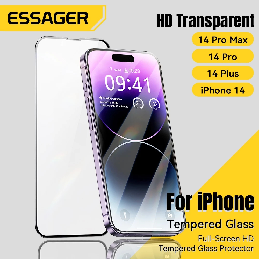 Essager Tempered Glass Crystal Clear HD Pelindung Layar Full Screen iPhone 13 Pro 14 Pro 15 Pro Max