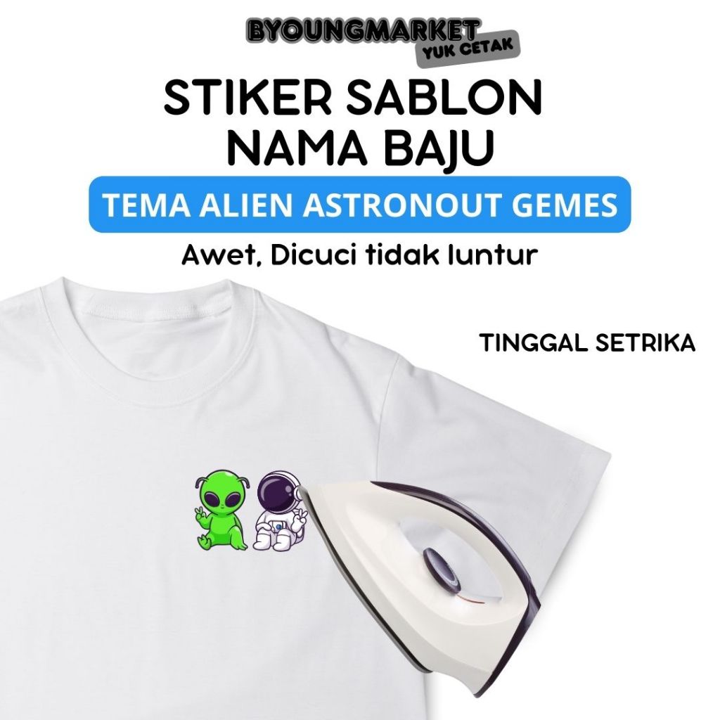 

Stiker Sablon Label Nama Baju Stiker Custom Nama Label Printing Kain / Kaos Sablon Setrika Tema Alien Astronout