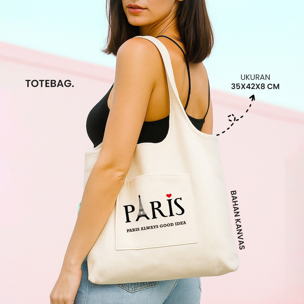 TOTE BAG KANVAS PARIS BERBAHAN KANVAS UKURAN BESAR - TAS KANVAS / TOTE BAG KANTONG / TOTE BAG KANVAS