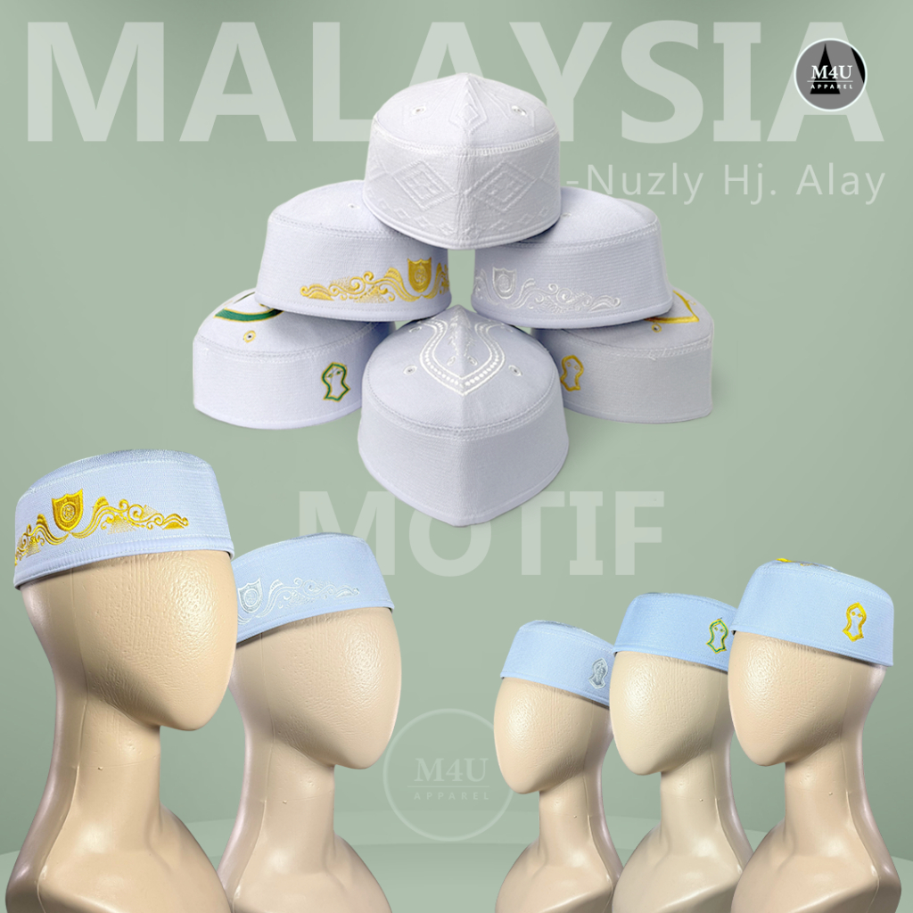 Peci MALAYSIA MOTIF Terompah, Palestina, Kembang, Wajik, Kopiah Haji Pria Malaisia Putih Hitam Dewas