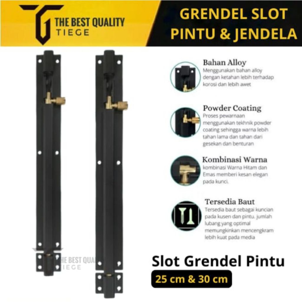 Grendel Pintu Slot Pintu Panjang 25cm dan 30cm Warna Hitam Pengunci Tambahan Alumunium