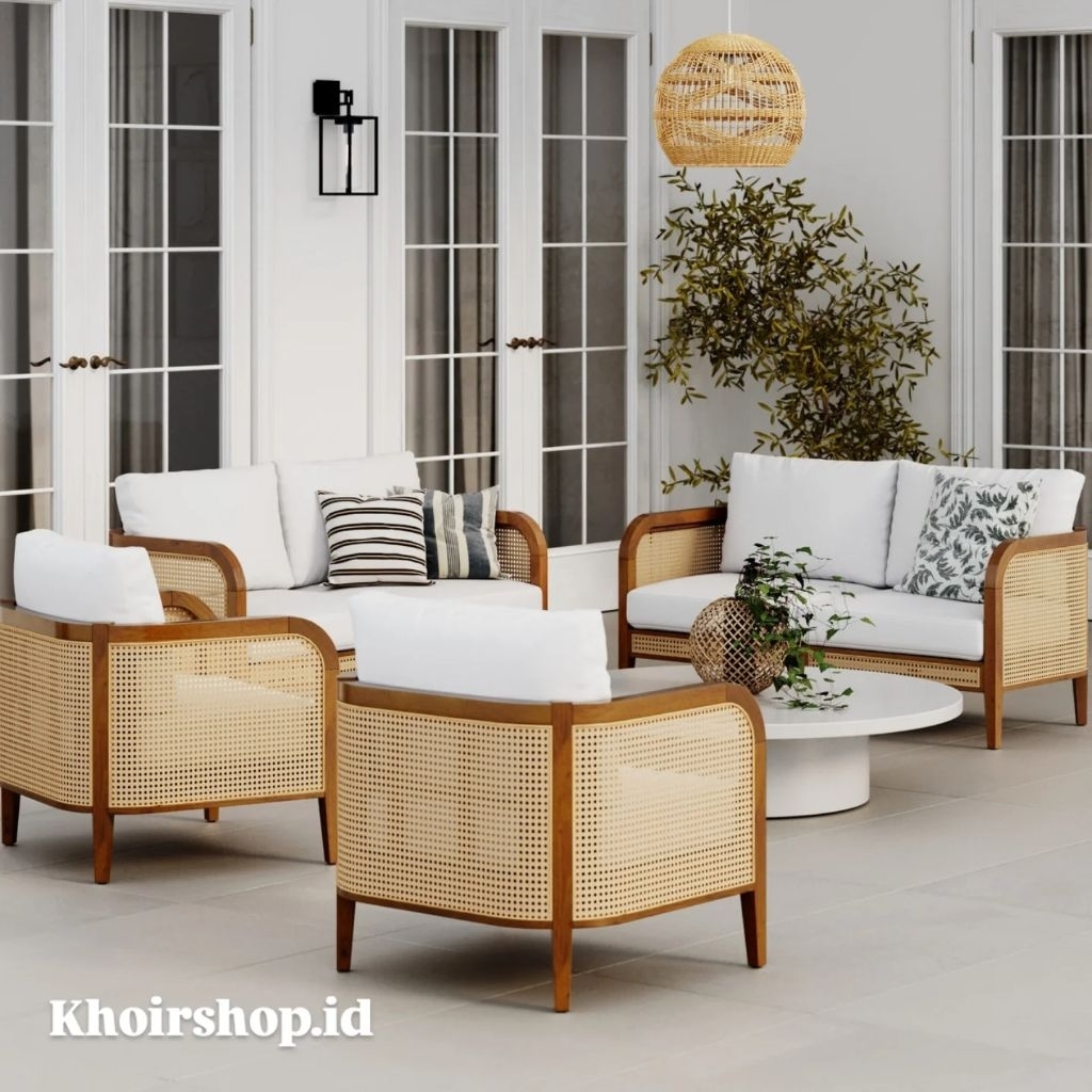 SET KURSI TAMU ROTAN MINIMALIS MODERN KURSI SOFA TAMU KAYU JATI KOMBINASI ROTAN