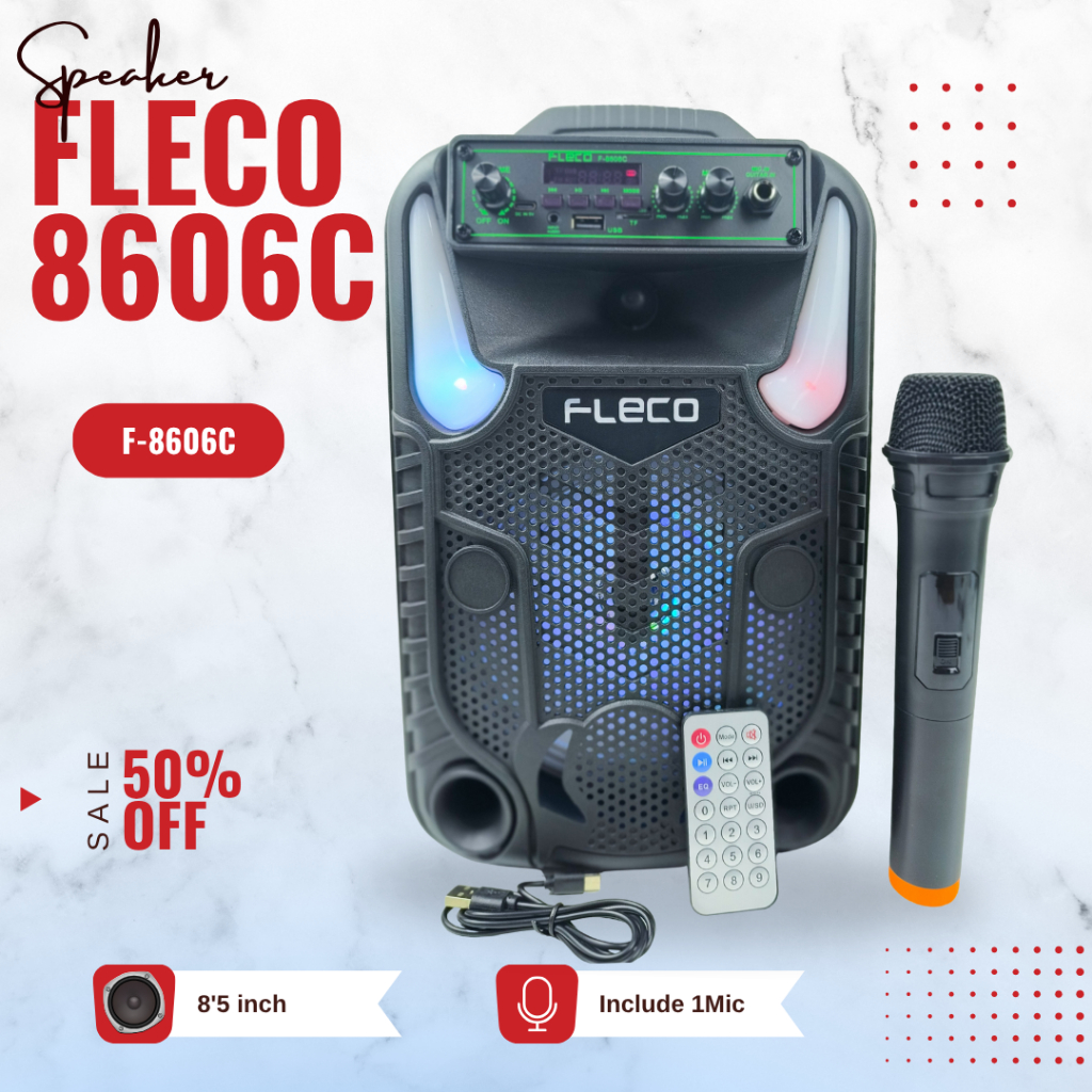 SPEAKER Bluetooth 5.0 Karaoke Wireless Fleco F 8606C 8,5 Inch Gratis (MIC WIRELESS + REMOT KONTROL) 