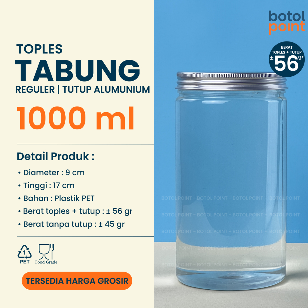 Toples Tabung 1000 ml REGULER - TUTUP ALUMUNIUM - Toples plastik 1000ml GROSIR - Kuker, Hampers