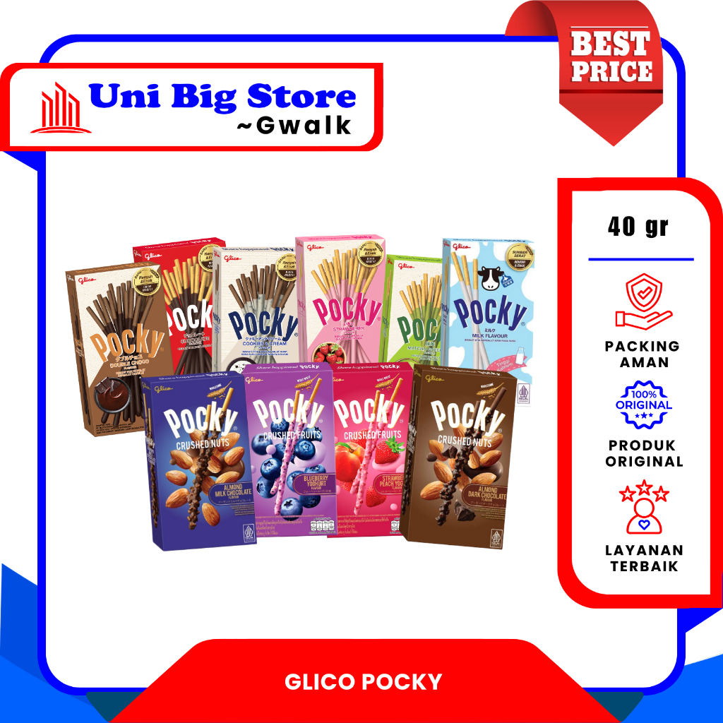 

GLICO POCKY STICK STIK ALL VARIANT CHOCOLATE - STRAWBERRY - MATCHA - MILK - CRUSHED NUTS - FRUIT - COOKIES & CREAM - 47 gr