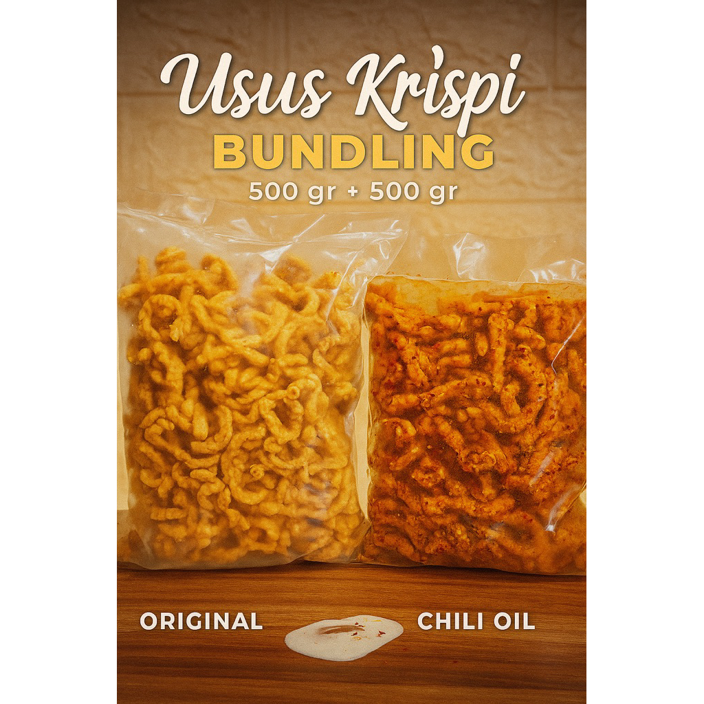 

PROMO!!! PAKET USUS AYAM CRISPY ORIGINAL 500GR DAN USUS AYAM CRISPY PEDAS CHILI OIL500GR