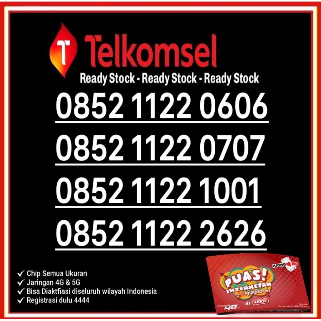 NOMOR CANTIK TELKOMSEL AS 4G LTE O852 1122 0606 0707 1001 2626