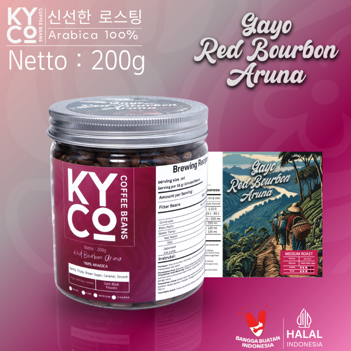 

Biji Kopi Arabika Gayo Red Bourbon Aruna 200 gram - Arabika Gayo Grade 1 | Roast Beans | Brewing | Medium Roast | Fillter | Blend Kopi | Kiyowo Coffee Roastery