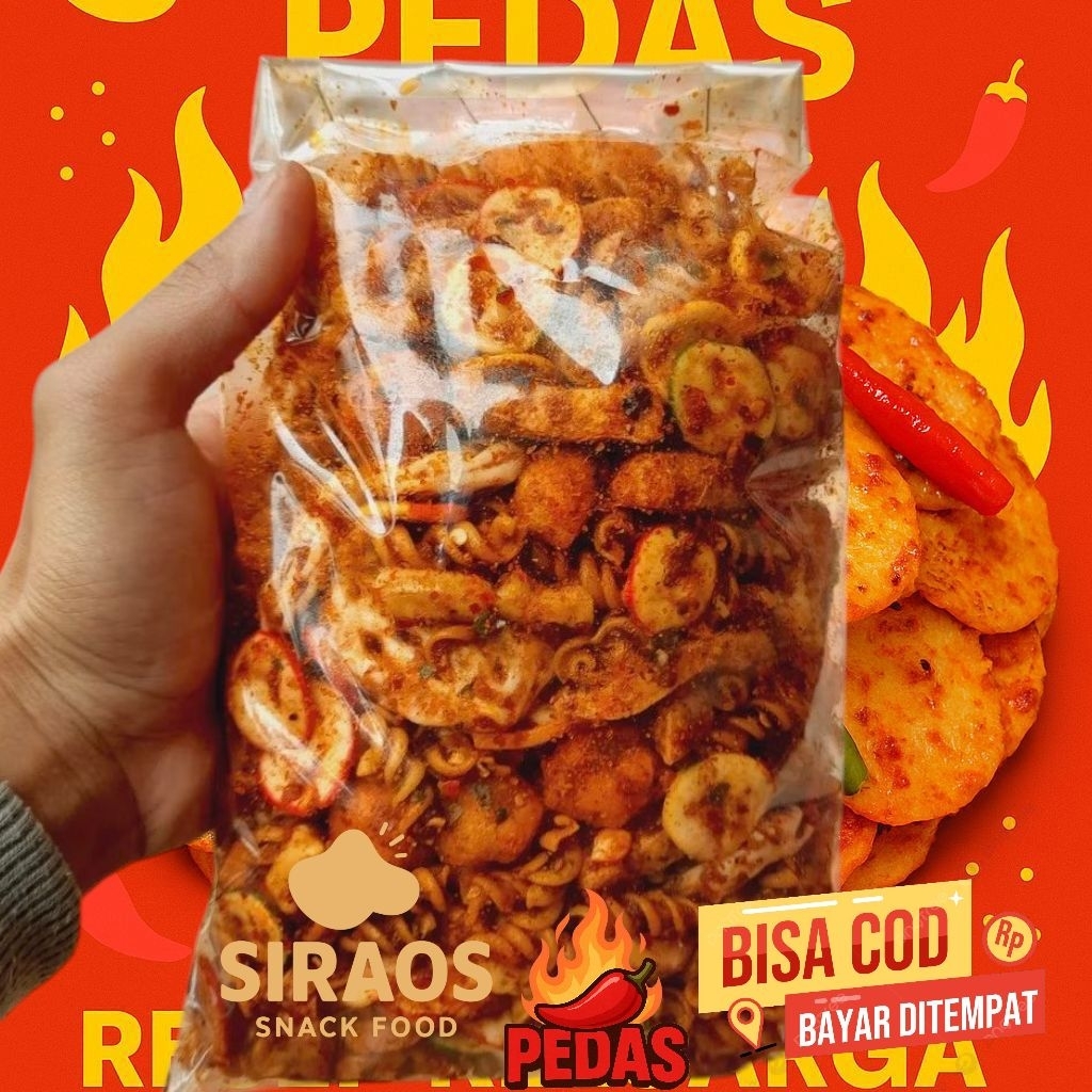 

Kerupuk Seblak Pedas Campur-Kerupuk Mix Bumbu Daun Jeruk Kriuk SIRAOS 350 Grm