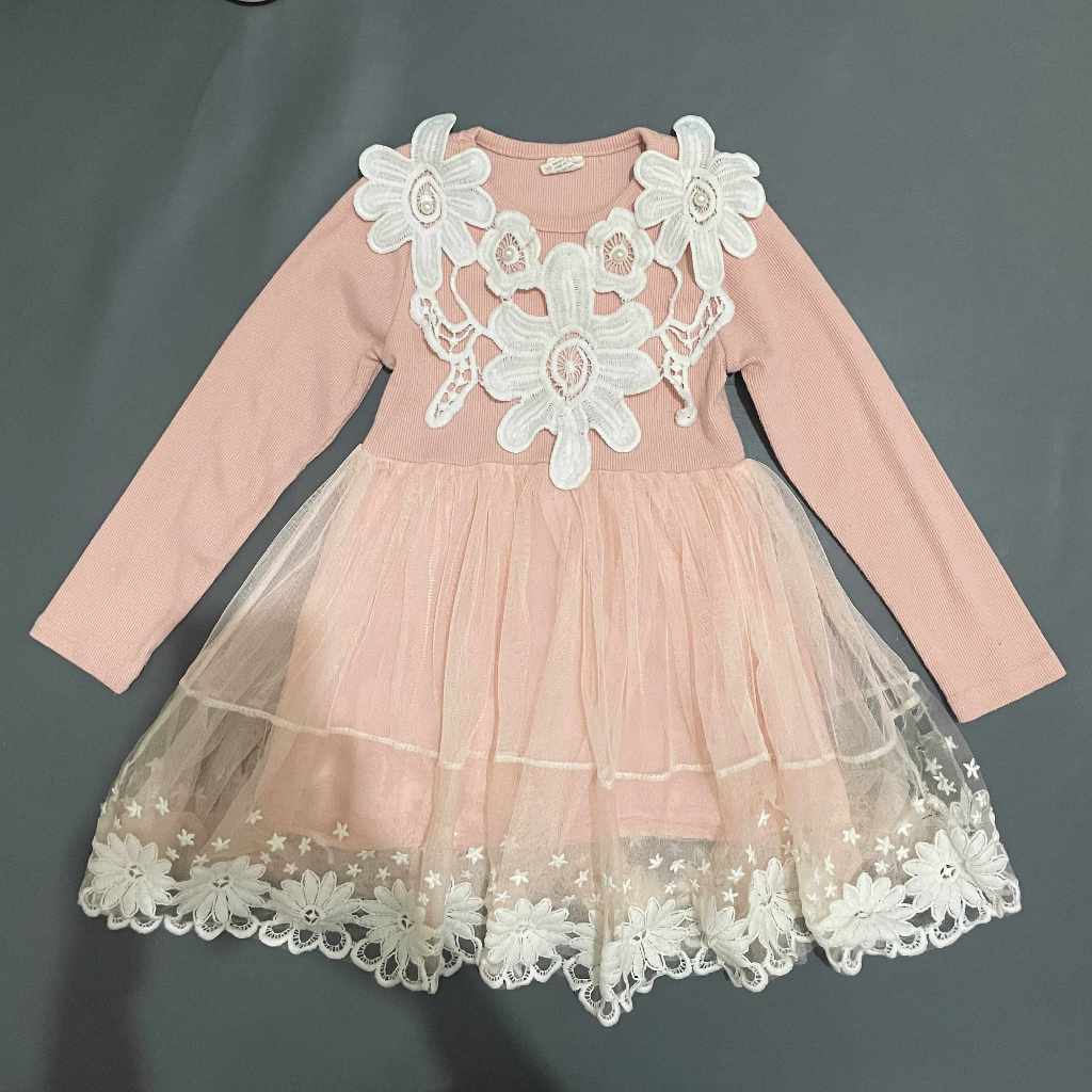 ANAK K324 (NO BRAND, PRELOVED) Dress Pesta Acara Formal Ulang Tahun Tile Tule Bunga Rajut Stretch O 