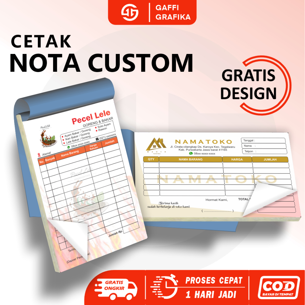 

Cetak nota custom 1ply 2ply ukuran 1/4 folio request nama sendiri gratis design full warna kwitansi