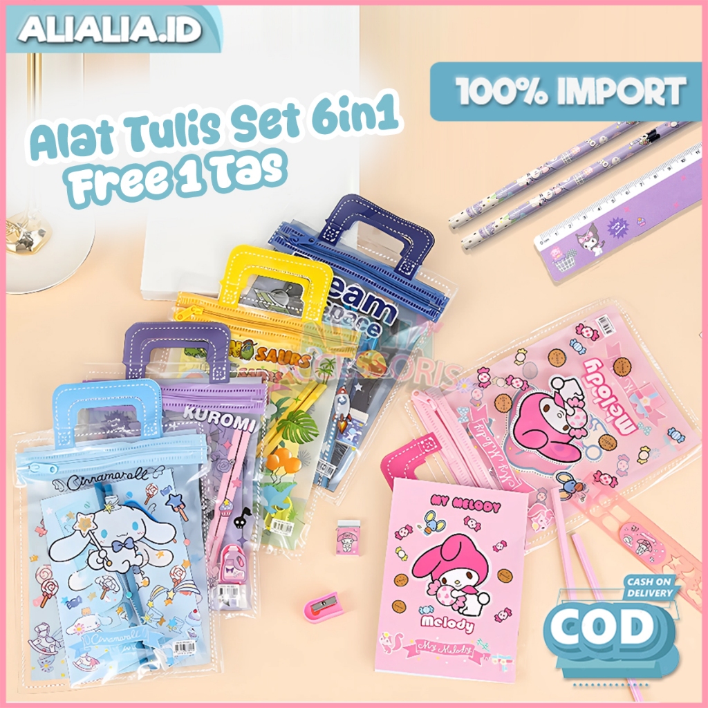 

Set Alat Tulis 6in1 Free Bag Motif Karakter Kartun Lucu Kado Hadiah Pensil Penghapus Penggaris