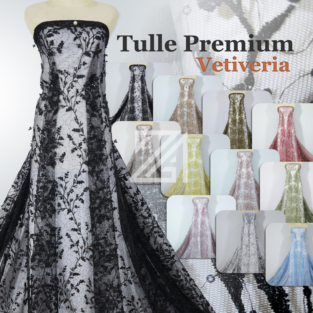 KAIN TULLE/TILLE VETIVERIA METERAN PER 0.5M motif bordir 3D mewah, tulle payet cocok untuk jenis keb