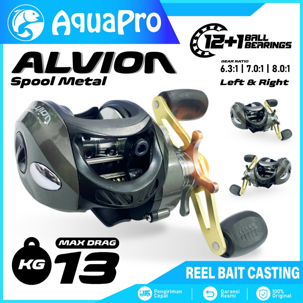Reel Pancing Casting ALVION Spool Metal Aluminium BB 12+1 Gulungan Pancing Baitcasting Max Drag 13KG