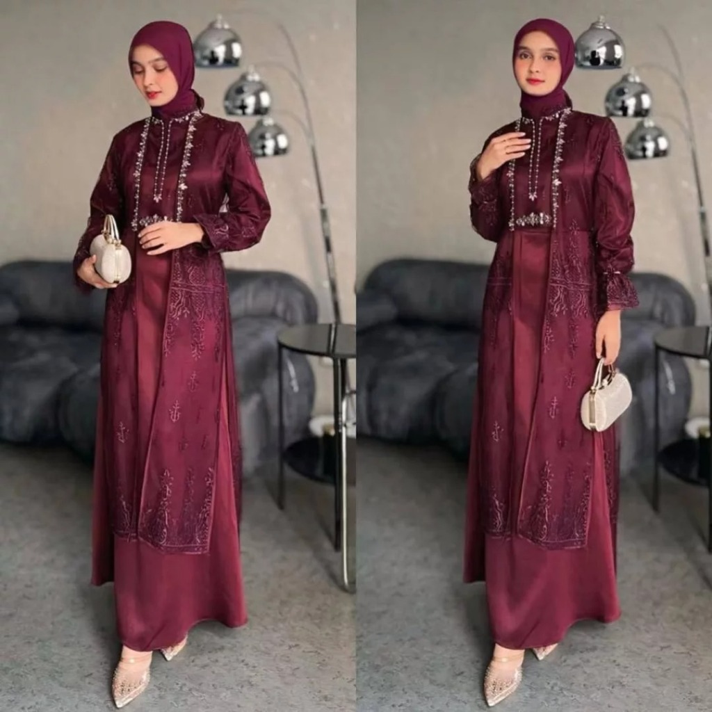 Baju Gamis Wanita Terbaru  Tiara Set Dress KF Bahan Satin Velvet M L XL XXL XXXL LD 100-130 CM Dress