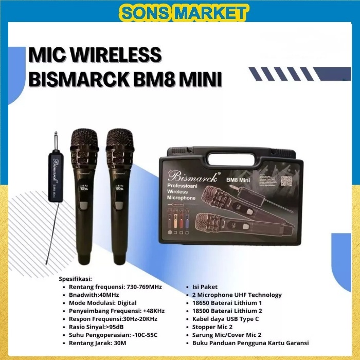 MIC WIRELESS MICROPHOE BISMARCK PROFESSIONAL WIRELESS MICROPHONE BM8 MINI BM 8 ORIGINAL