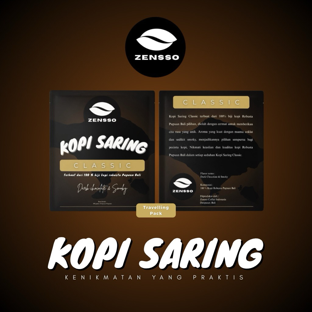 

Dripbag Coffee | Kopi Robusta Pupuan Bali | Kopi Saring CLASSIC | ZENSSO COFFEE Sachet Travelling Pack