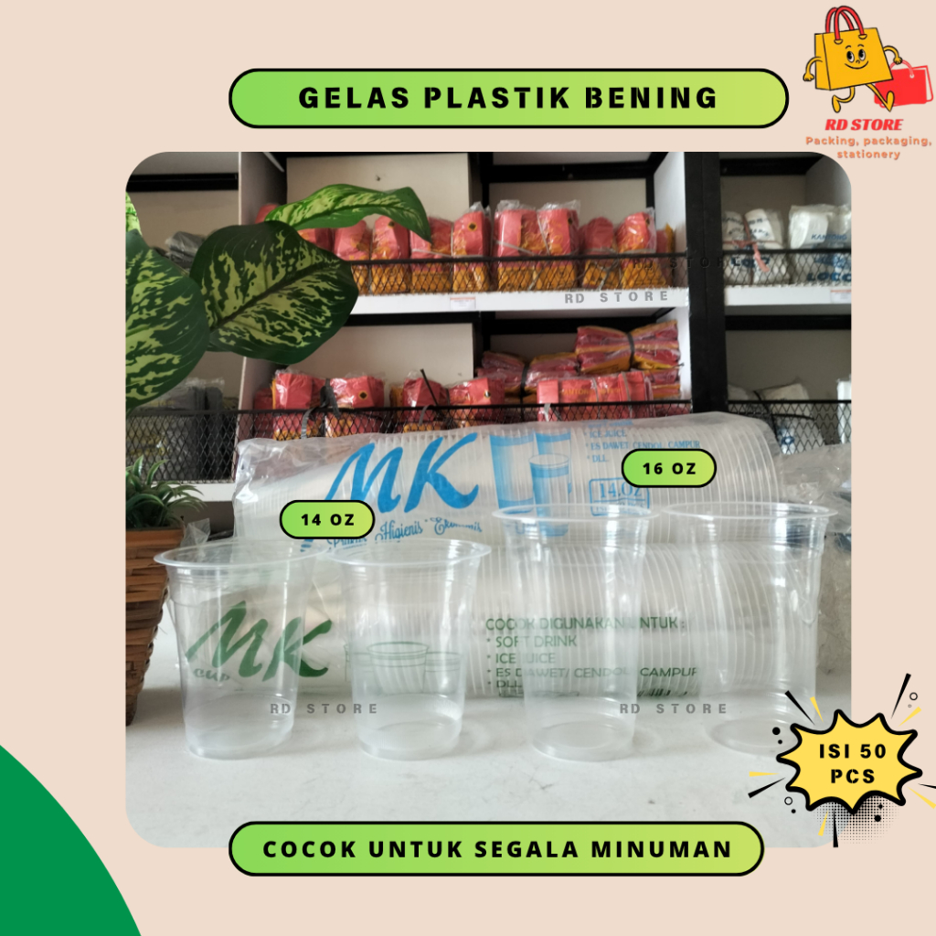 GELAS PLASTIK BENING 14 OZ 16 OZ ISI 50 PCS GELAS PLASTIK MINUMAN GELAS PLASTIK DATAR BENING TEBAL