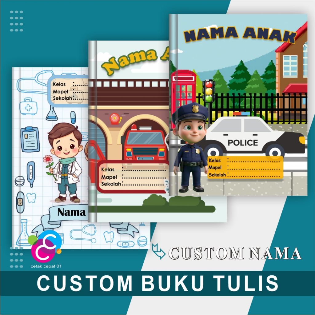 

BUKU TULIS ANAK DESAIN KARAKTER PROFESI – Buku Tulis Custom Pakai Nama
