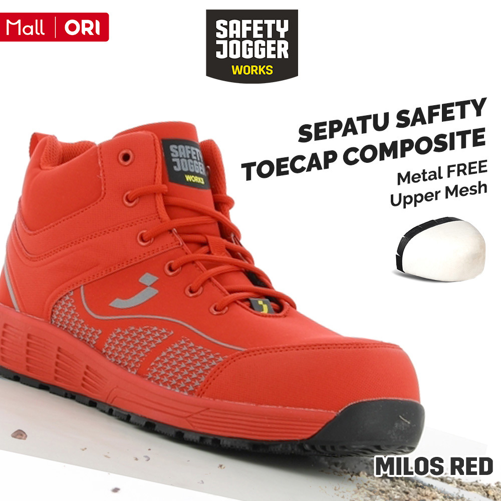 Safety Jogger Works Milos Red Sepatu Safety Jogger Mid Cut Metal Free Upper Mesh Anti Selip