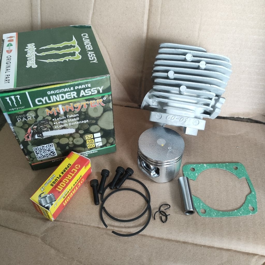 Cylinder block gergaji mesin 60 cc MONSTER komplit bonus busi baut blok dan paking blok
