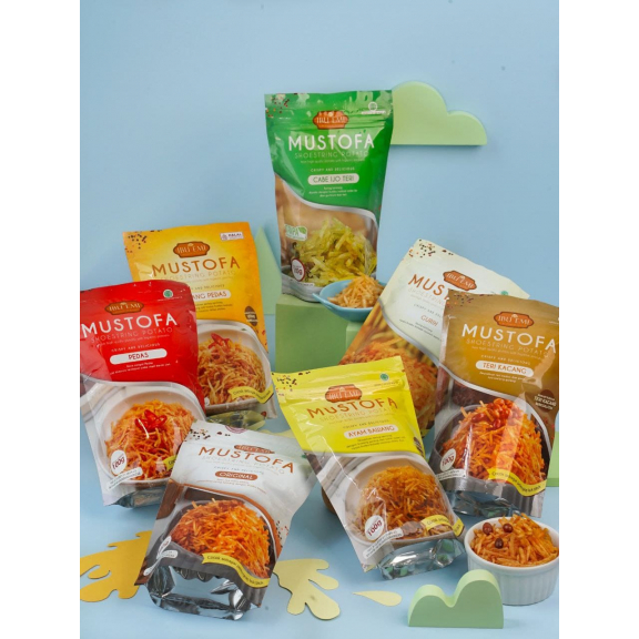 

Kentang Mustofa Pedas Bu emi original Manis Kriuk Pouch 50 & 100gr kemasan besar Lauk Kering asin daun jeruk renyah