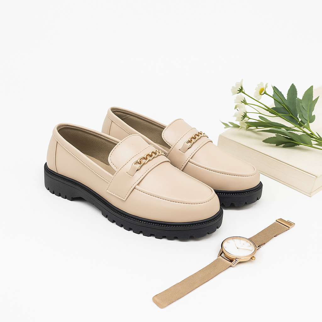 NR_Big_Size Sepatu Docmart Wanita Big Size 41-45 Slip On Loafer Cream Casual Style Pesta