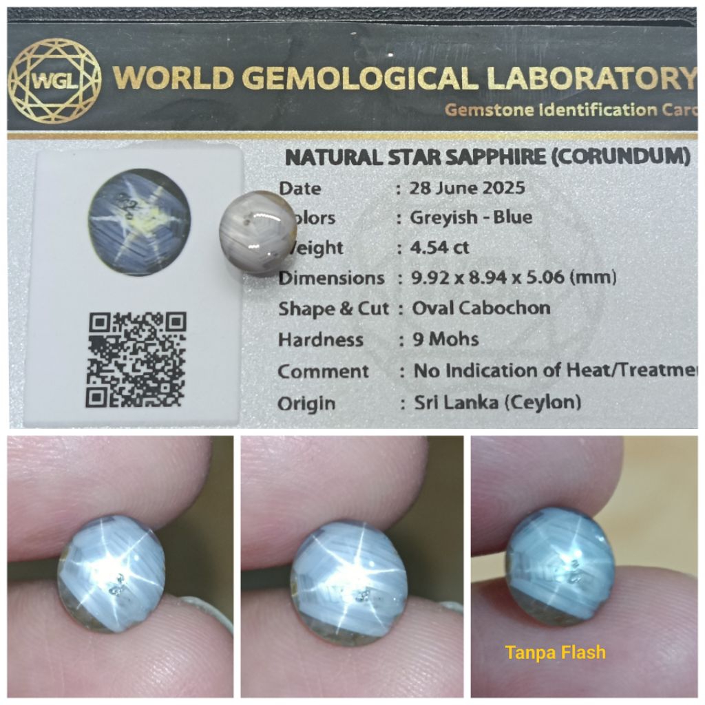 Natural Blue Star Sapphire Ceylon 4,5ct No heat memo WGL Safir Star Tajam
