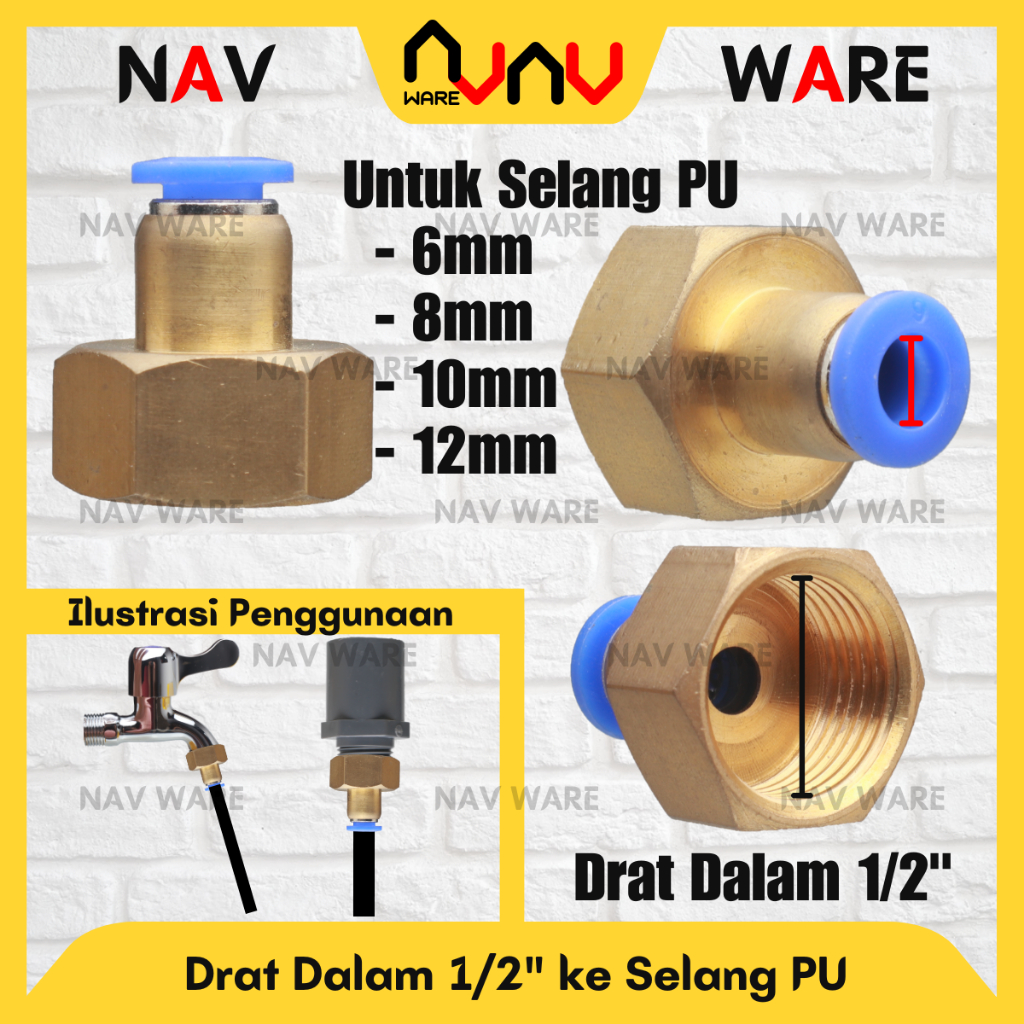 Fitting Slip Lock Drat Dalam 1/2" ke Selang PU 6mm 8mm 10mm 12mm / Konektor Pneumatic Ke Keran Drat 