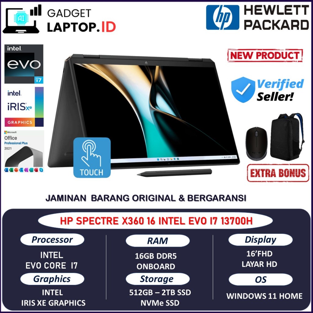 Laptop HP Spectre 16 Touchscreen X360 Intel Evo i7 13700H Ram 16GB 2TB SSD 3K IPS Windows 11 Home