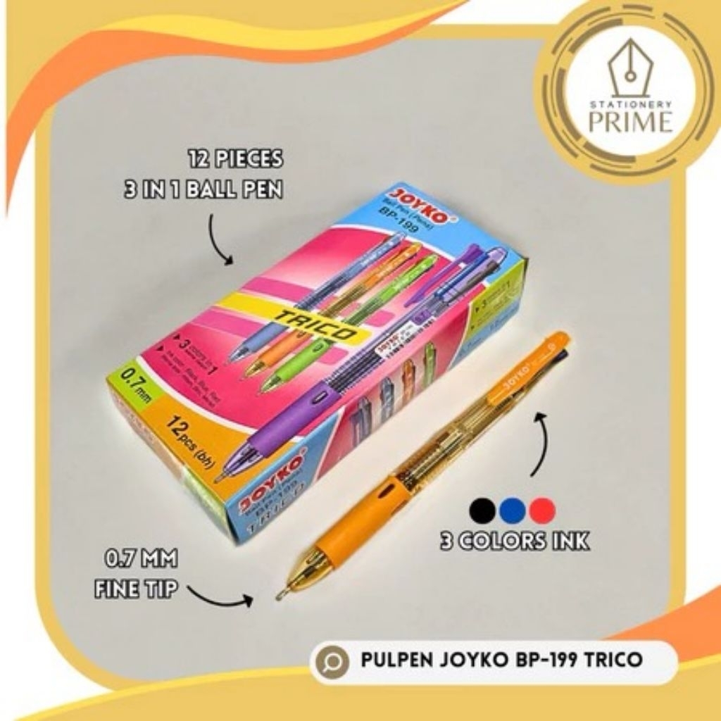

Ball Pen 3 Colors in 1 Joyko BP-199 TRICO 3 Warna Hitam Biru Merah 0.7 mm Fine Tip ( Isi 12 pcs )