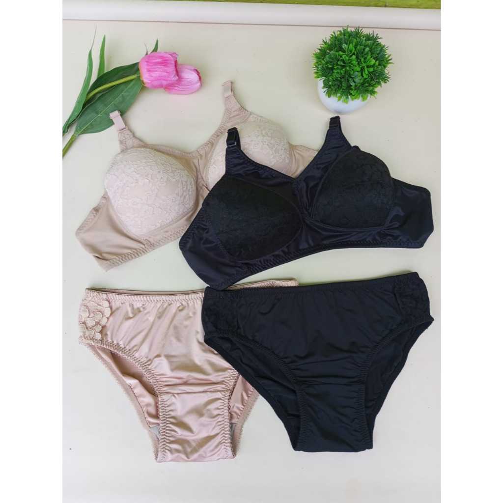 PAKET BH BRA 2pcs CD 2pcs warna hitam dan cream Stelan Bh dan CD / Celana dalam Renda samping / stel