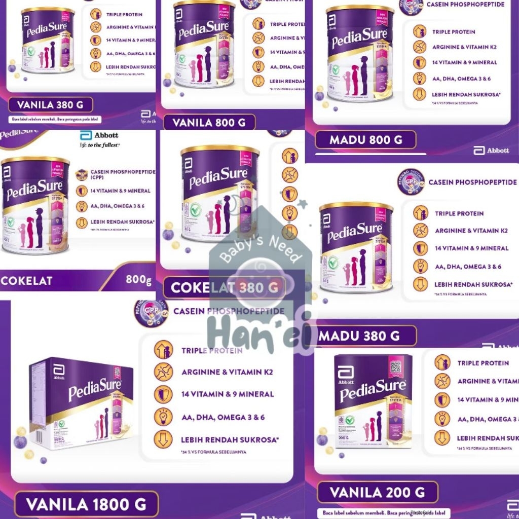 

Pediasure 1-10 tahun Vanilla 200g/380g/800g/1800g Coklat 380g/800g Madu 380g/800g