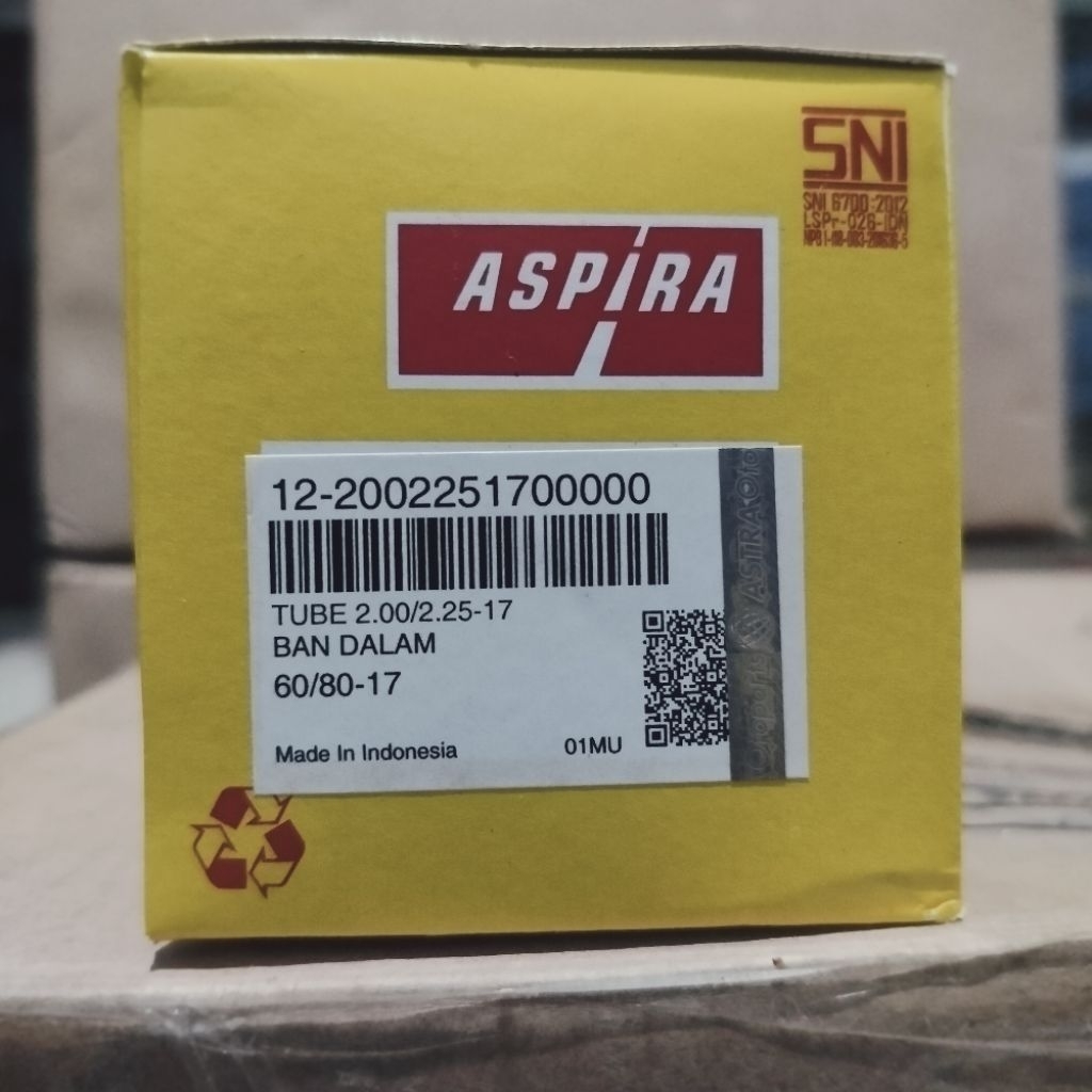 Ban dalam aspira 200/225 17 ukuran 6080 ring 17 original PT. Astra Otoparts