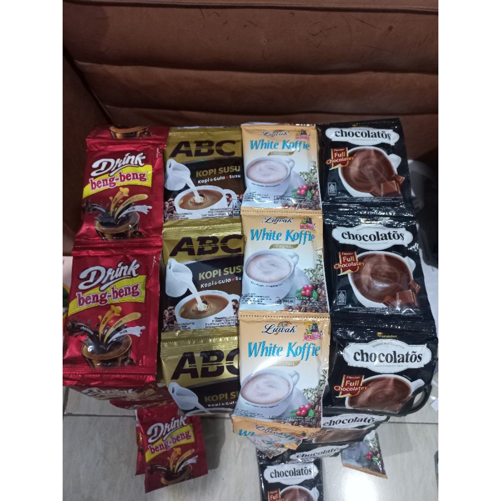 

4 pack terdiri beng beng drink, Abc susu, luwak white coffie, chocolatos drink, 40 pcs