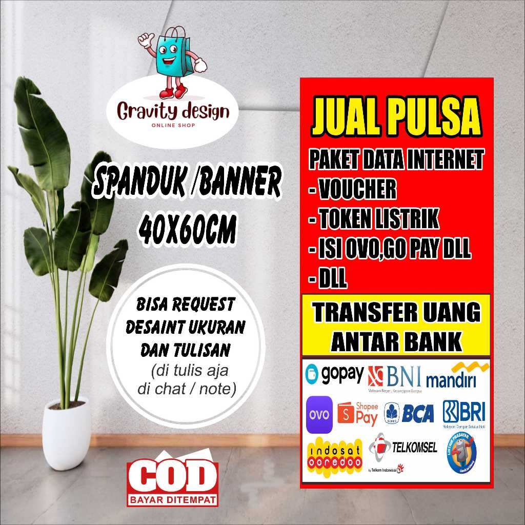 spanduk banner jual pulsa 40x60 cm bisa request desaint & ukuran