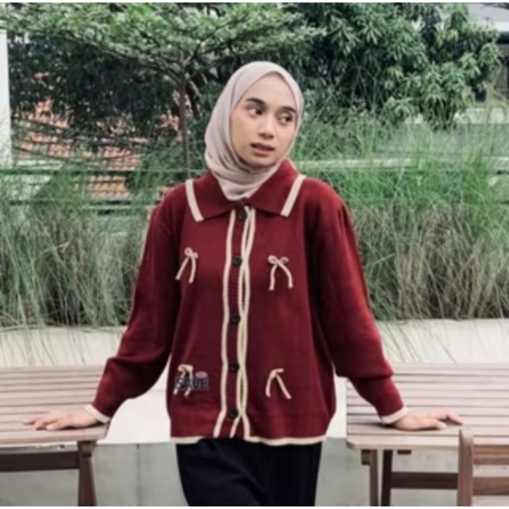Cardigan rajut wanita motif pita, baju sweater rajut wanita korean style
