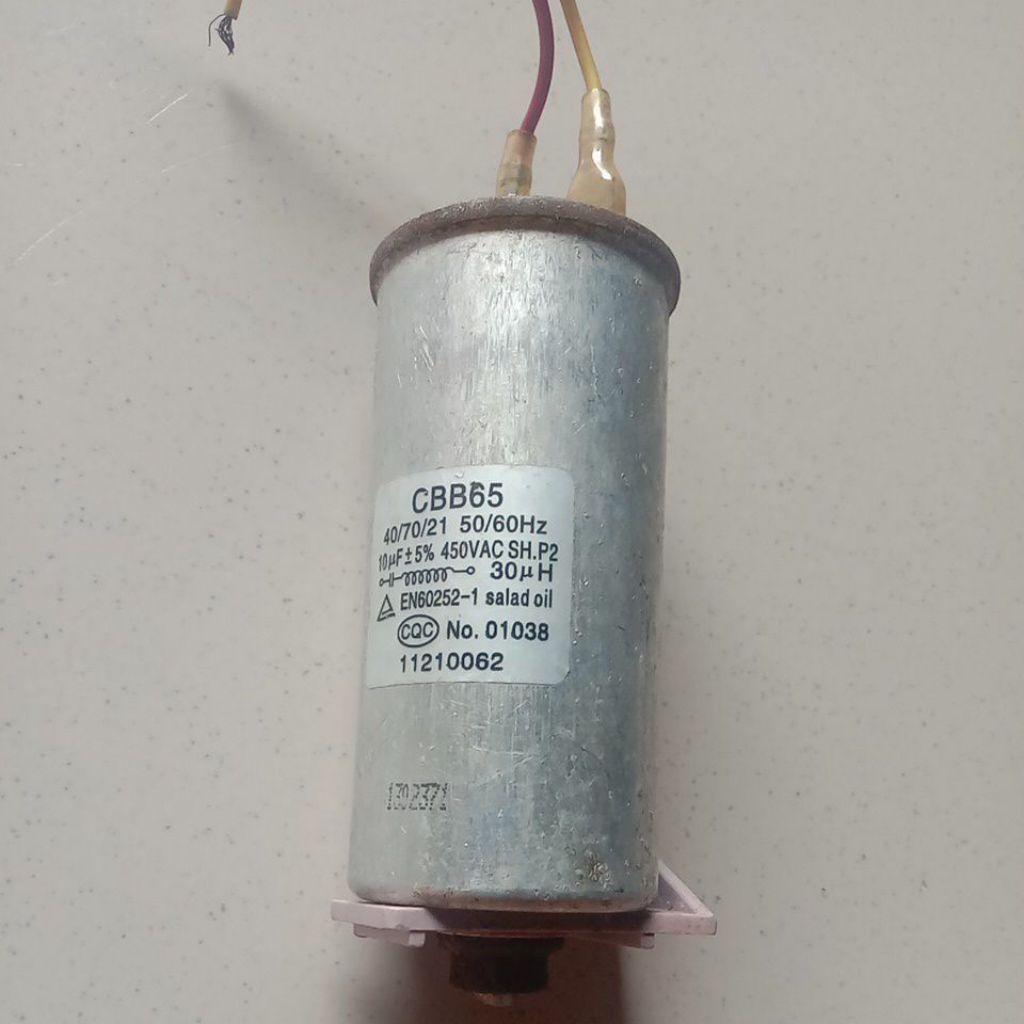 Kapasitor mesin cuci top loading CBB65 ukuran 10 uF
