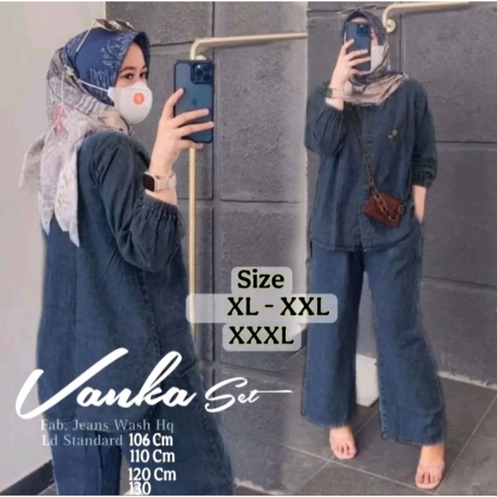 Stelan Celana Jeans 2025 Oneset Jeans Canda Terbaru Setcel Wanita Dewasa Katun Denim Jumbo