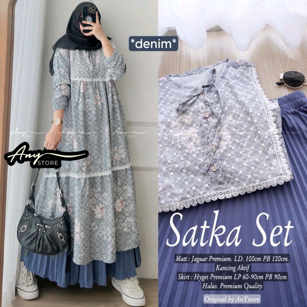 COD Baju Setelan Priyanka Set Bahan Ceruty Lapis Furing LD 110 Motif Bunga Rok Plisket / Satka Set R