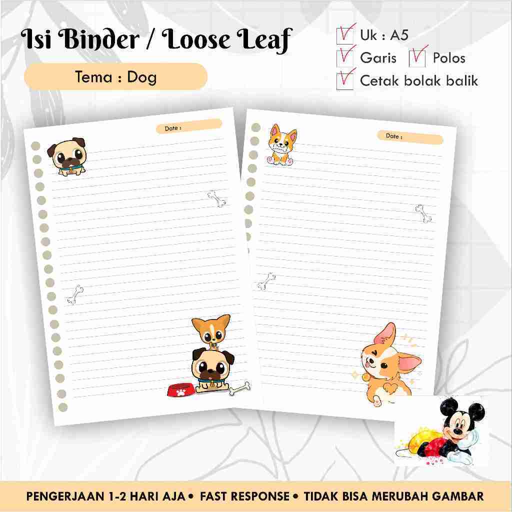 

[10 pcs] Isi Binder / Loose leaf gambar A5 Tema DOG / Refill Map Binder / Garis Polos