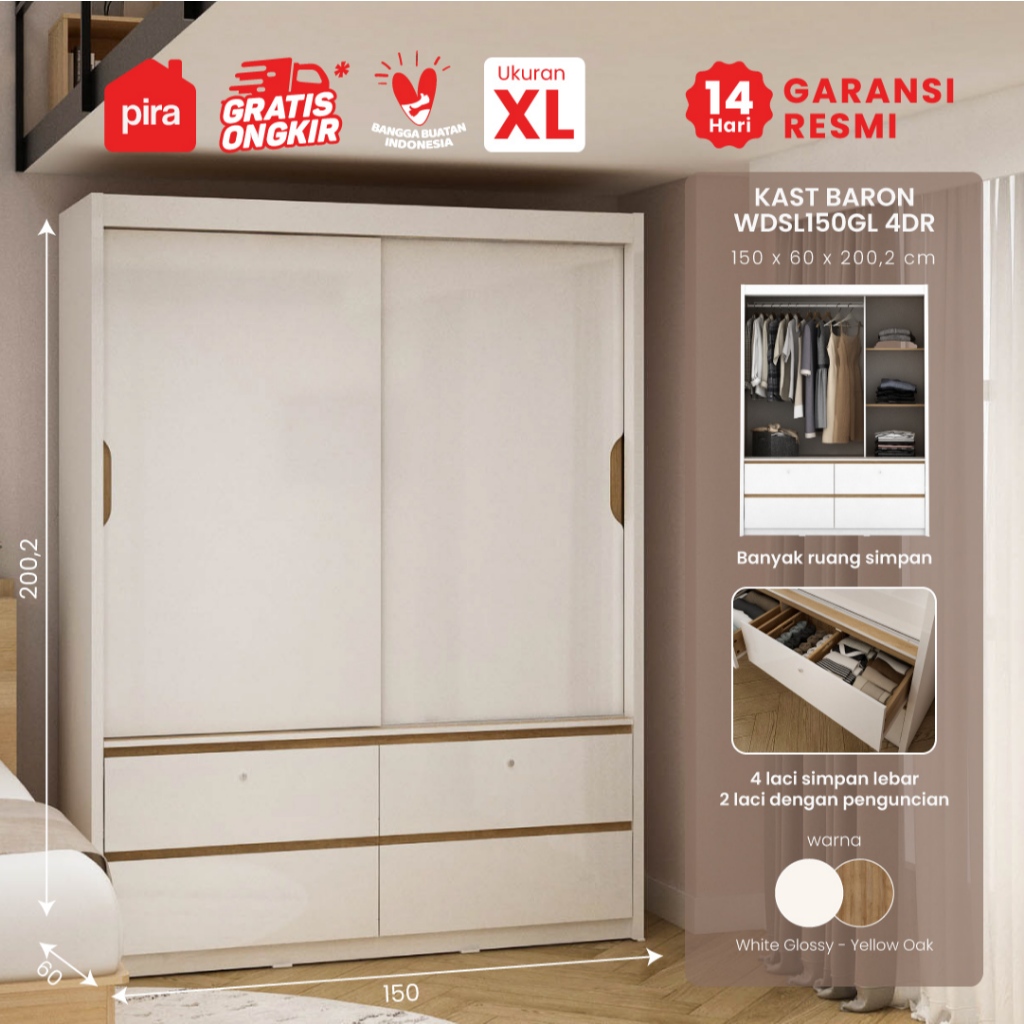 Pira -  Kast Baron WDSL150GL 4DR Lemari Pakaian Pintu Geser / Sliding dengan Laci