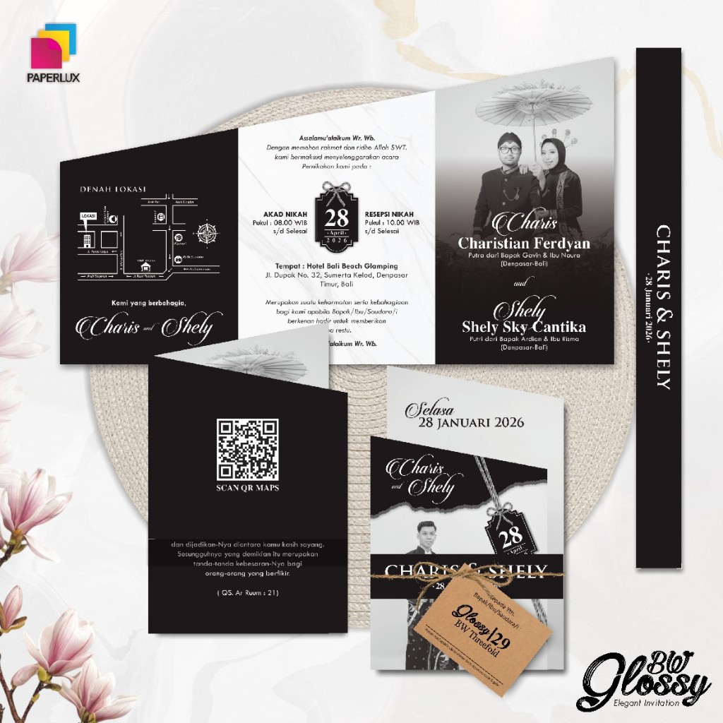 CETAK UNDANGAN PERNIKAHAN AESTHETIC - UNDANGAN GLOSSY BW THREEFOLD CUSTOM FOTO