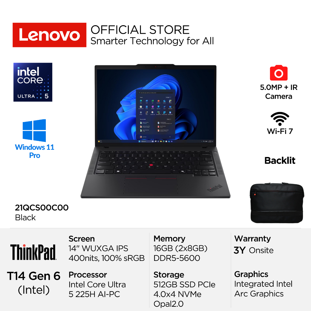 Lenovo ThinkPad T14 Gen 6 0C00 Intel Core Ultra 5 225H Win11 Pro 16GB 512GB SSD 14" WUXGA IPS 60Hz 1